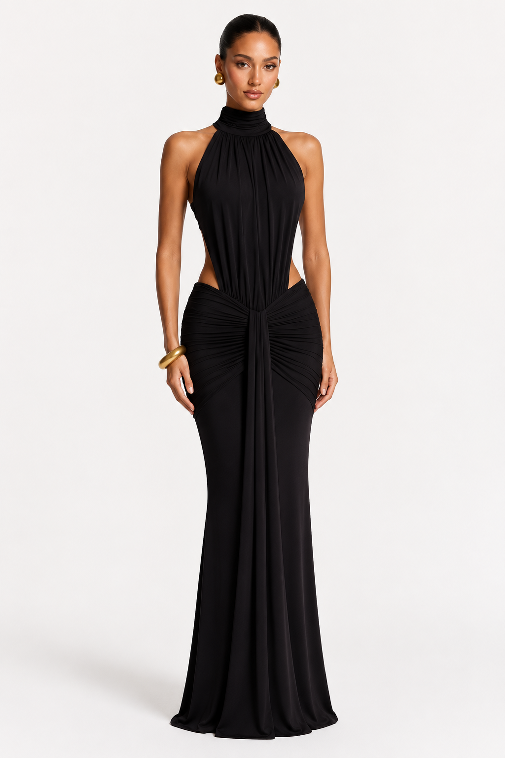 Vestido largo negro, drapeado de la cintura