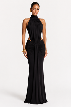 Vestido largo negro, drapeado de la cintura